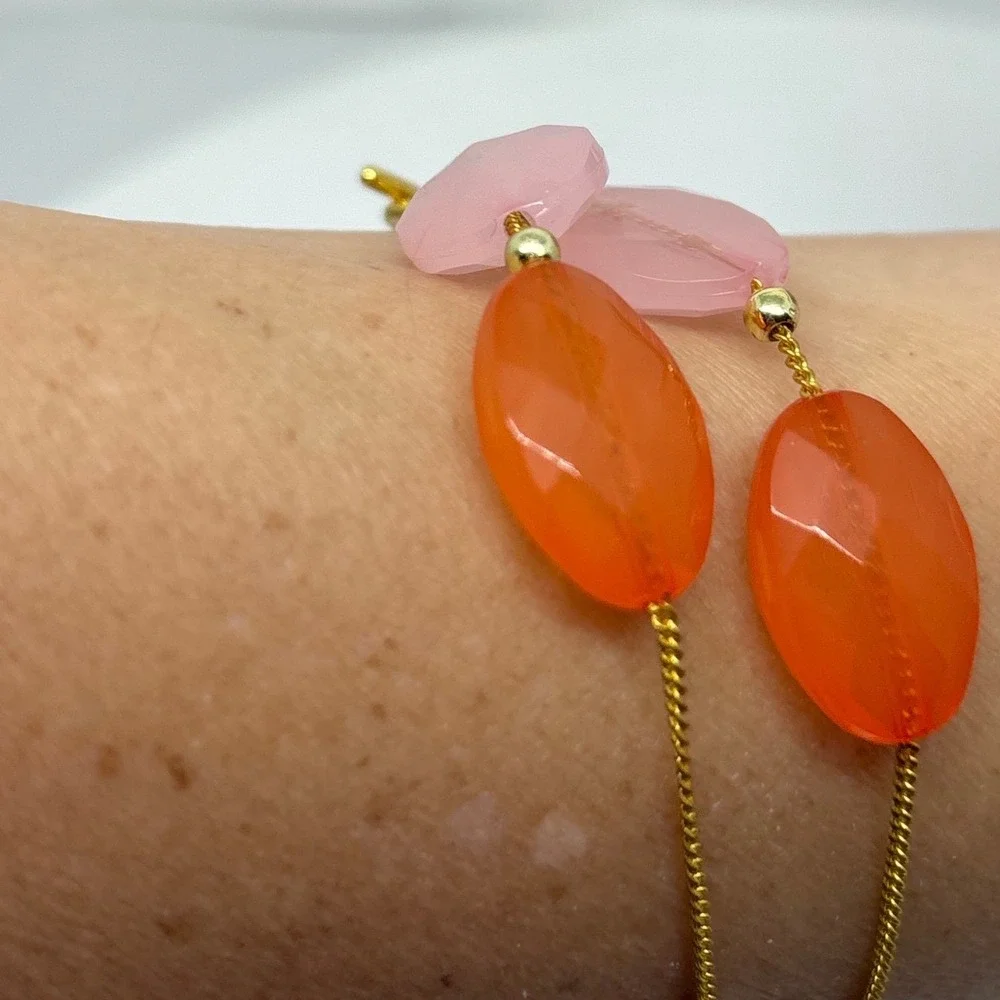Two Strand Gemstone Bracelet Gold Tone Orange Pink‎ Faceted Beaded Toggle Clasp